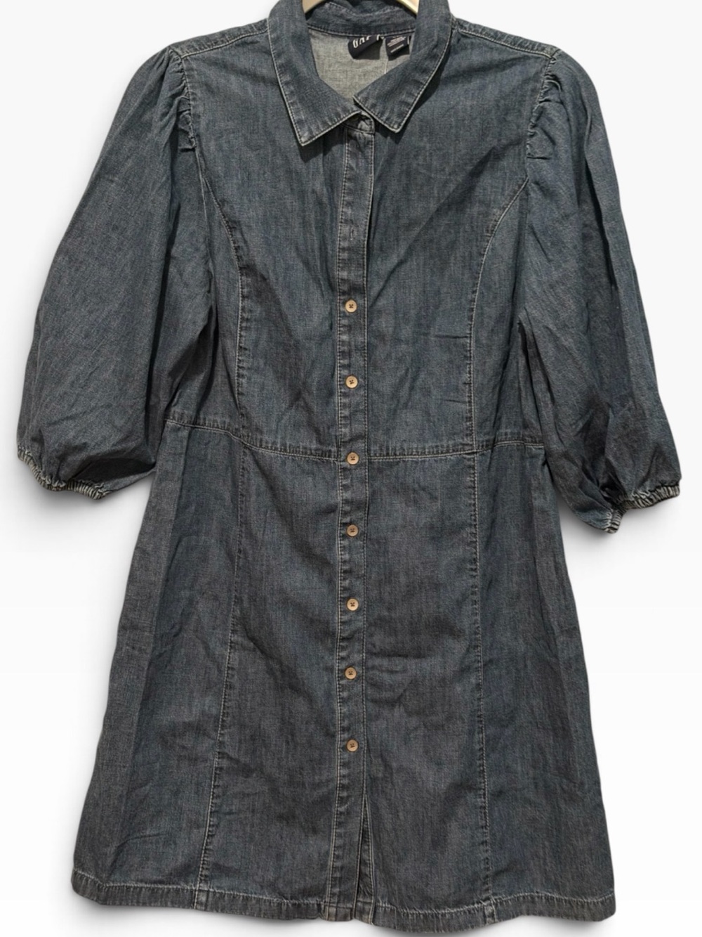 GAP NWT Denim Puff-Sleeve Seamed Mini Shirt Dress Large Petite LP
